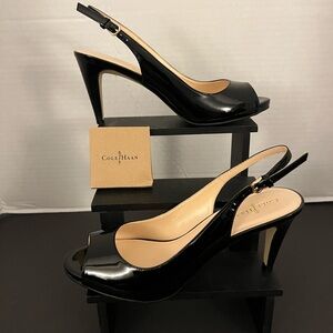 New in Box Cole Haan Womens Shoes Margot OT Pumps Black Patent Leather Open Toe